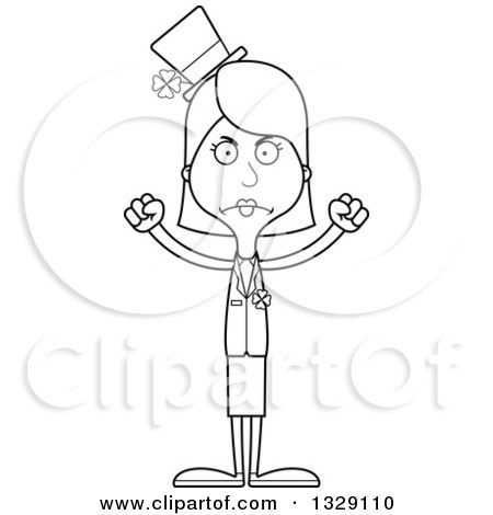 Lineart Clipart of a Cartoon Black and White Angry Tall Skinny White Irish St Patricks Day Woman - Royalty Free Outline Vector Illustration by Cory Thoman