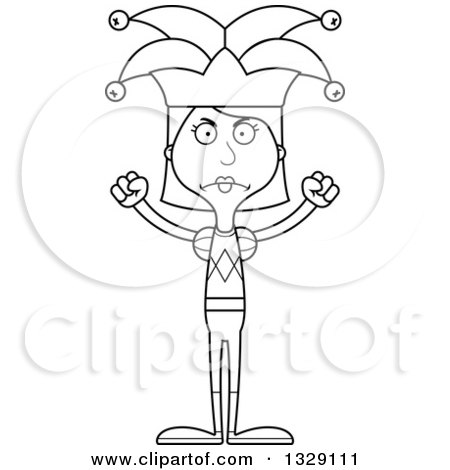 Lineart Clipart of a Cartoon Black and White Angry Tall Skinny White Woman Jester - Royalty Free Outline Vector Illustration by Cory Thoman