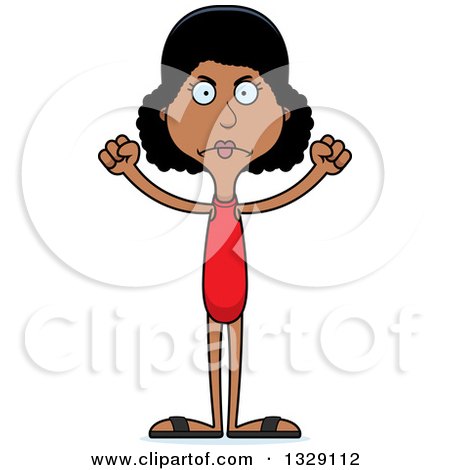 Clipart of a Cartoon Angry Tall Skinny Black Woman Swimmer - Royalty Free Vector Illustration by Cory Thoman
