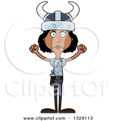 Clipart of a Cartoon Angry Tall Skinny Black Viking Woman - Royalty Free Vector Illustration by Cory Thoman