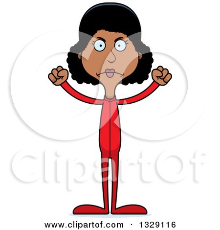 Clipart of a Cartoon Angry Tall Skinny Black Woman in Footie Pajamas - Royalty Free Vector Illustration by Cory Thoman