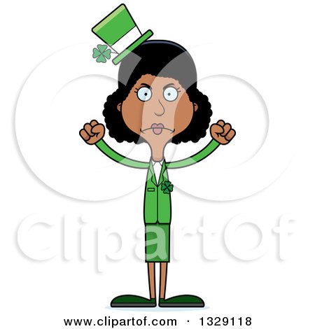 Clipart of a Cartoon Angry Tall Skinny Black Irish St Patricks Day Woman - Royalty Free Vector Illustration by Cory Thoman