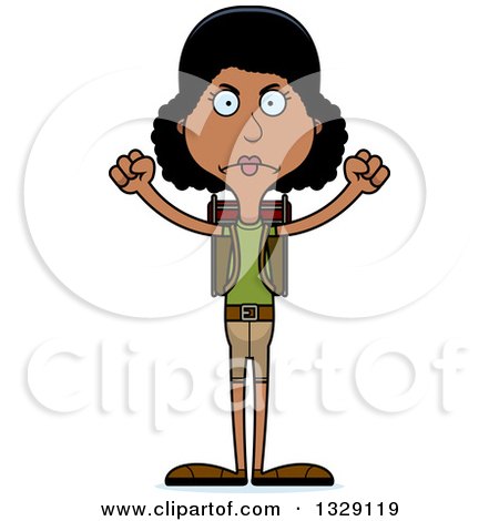Clipart of a Cartoon Angry Tall Skinny Black Woman Hiker - Royalty Free Vector Illustration by Cory Thoman