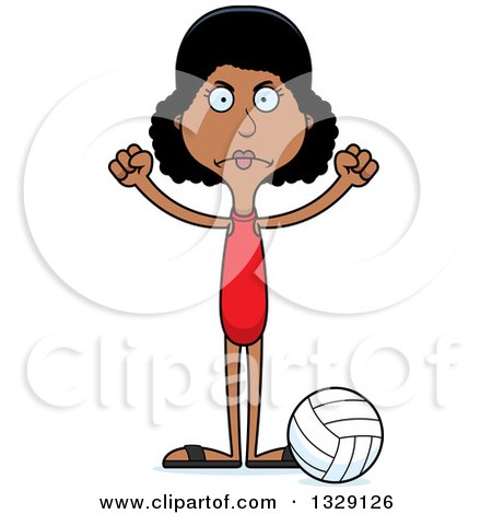 Clipart of a Cartoon Angry Tall Skinny Black Woman Beach Volleyball Player - Royalty Free Vector Illustration by Cory Thoman