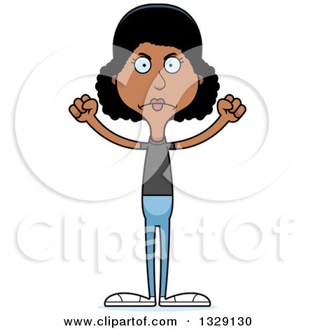 Clipart of a Cartoon Angry Tall Skinny Black Casual Woman - Royalty Free Vector Illustration by Cory Thoman