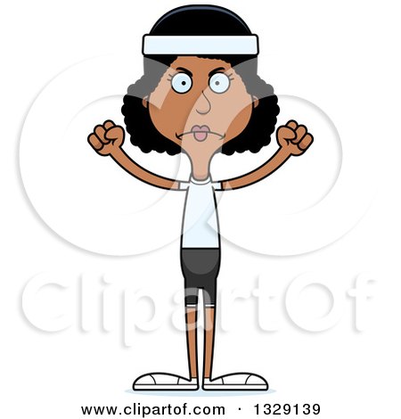 Clipart of a Cartoon Angry Tall Skinny Black Fit Woman - Royalty Free Vector Illustration by Cory Thoman