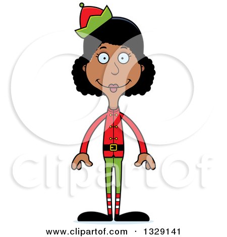 Clipart of a Cartoon Happy Tall Skinny Black Christmas Elf Woman - Royalty Free Vector Illustration by Cory Thoman