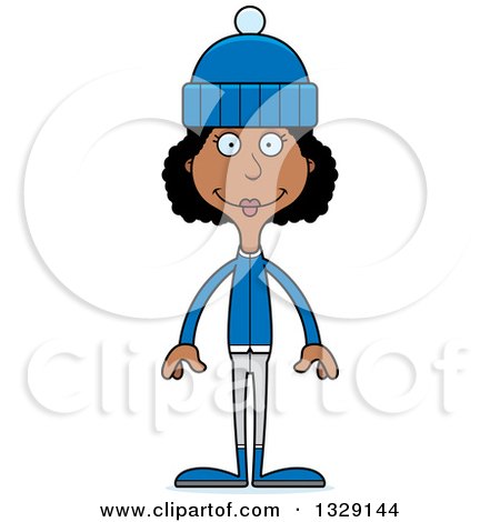 Clipart of a Cartoon Happy Tall Skinny Black Woman in Winter Clothes - Royalty Free Vector Illustration by Cory Thoman