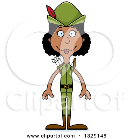 Clipart of a Cartoon Happy Tall Skinny Black Robin Hood Woman - Royalty Free Vector Illustration by Cory Thoman