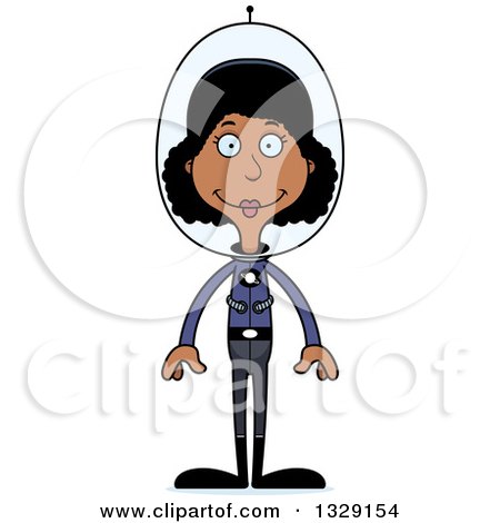 Clipart of a Cartoon Happy Tall Skinny Black Futuristic Space Woman - Royalty Free Vector Illustration by Cory Thoman