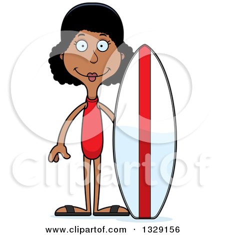 Clipart of a Cartoon Happy Tall Skinny Black Surfer Woman - Royalty Free Vector Illustration by Cory Thoman