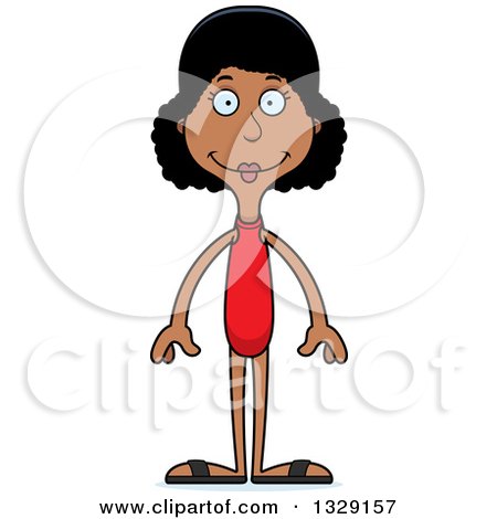 Clipart of a Cartoon Happy Tall Skinny Black Woman Swimmer - Royalty Free Vector Illustration by Cory Thoman