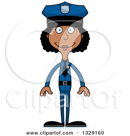 Clipart of a Cartoon Happy Tall Skinny Black Woman Police Officer - Royalty Free Vector Illustration by Cory Thoman