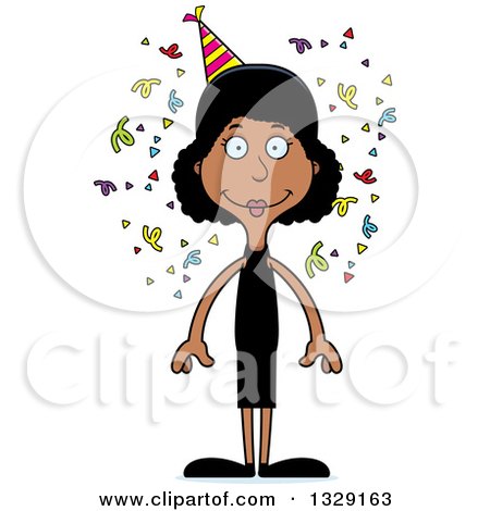 Clipart of a Cartoon Happy Tall Skinny Black Party Woman - Royalty Free Vector Illustration by Cory Thoman