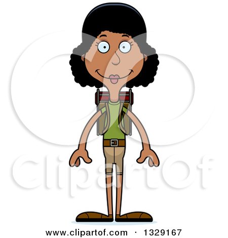 Clipart of a Cartoon Happy Tall Skinny Black Woman Hiker - Royalty Free Vector Illustration by Cory Thoman