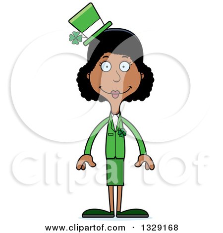 Clipart of a Cartoon Happy Tall Skinny Black Irish St Patricks Day Woman - Royalty Free Vector Illustration by Cory Thoman