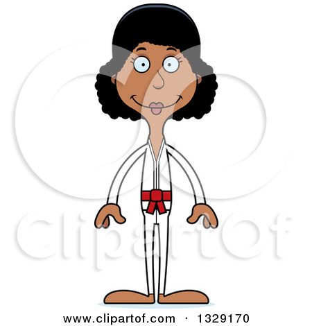 Clipart of a Cartoon Happy Tall Skinny Black Karate Woman - Royalty Free Vector Illustration by Cory Thoman