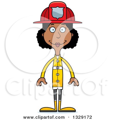 Clipart of a Cartoon Happy Tall Skinny Black Woman Firefighter - Royalty Free Vector Illustration by Cory Thoman