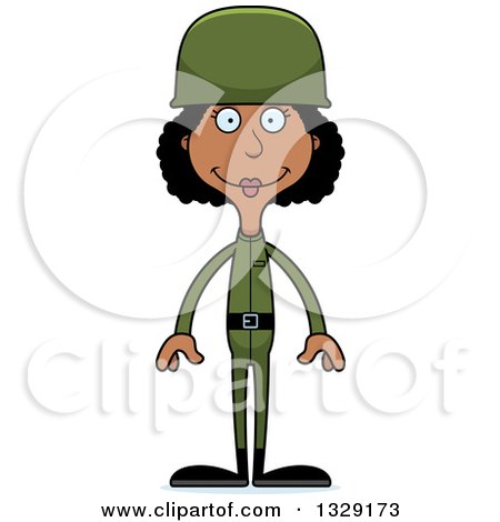 Clipart of a Cartoon Happy Tall Skinny Black Woman Army Soldier - Royalty Free Vector Illustration by Cory Thoman