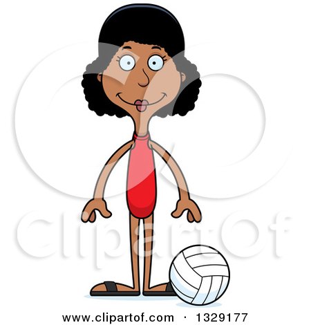 Clipart of a Cartoon Happy Tall Skinny Black Woman Beach Volleyball Player - Royalty Free Vector Illustration by Cory Thoman
