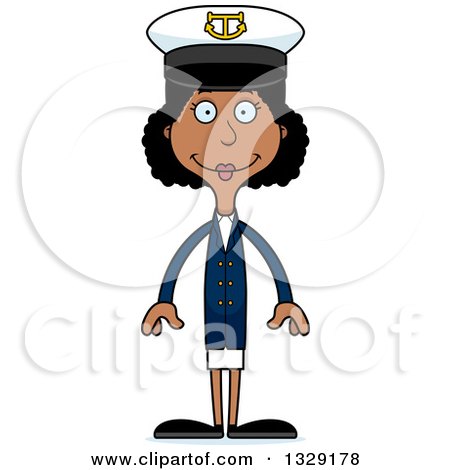 Clipart of a Cartoon Happy Tall Skinny Black Woman Boat Captain - Royalty Free Vector Illustration by Cory Thoman