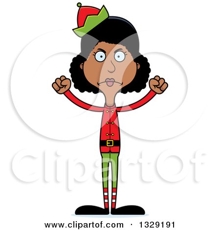 Clipart of a Cartoon Angry Tall Skinny Black Christmas Elf Woman - Royalty Free Vector Illustration by Cory Thoman