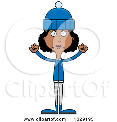 Clipart of a Cartoon Angry Tall Skinny Black Woman in Winter Clothes - Royalty Free Vector Illustration by Cory Thoman