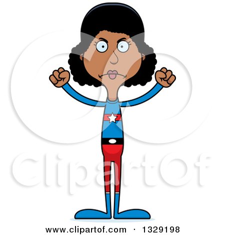 Clipart of a Cartoon Angry Tall Skinny Black Super Hero Woman - Royalty Free Vector Illustration by Cory Thoman