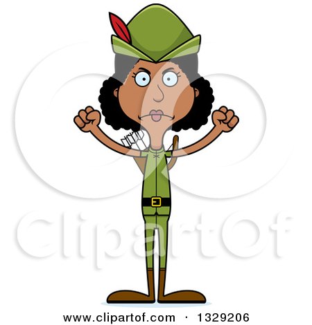 Clipart of a Cartoon Angry Tall Skinny Black Robin Hood Woman - Royalty Free Vector Illustration by Cory Thoman