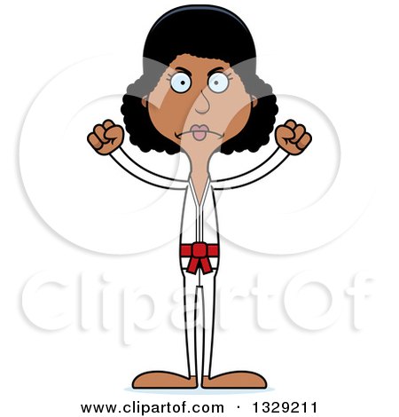 Clipart of a Cartoon Angry Tall Skinny Black Karate Woman - Royalty Free Vector Illustration by Cory Thoman