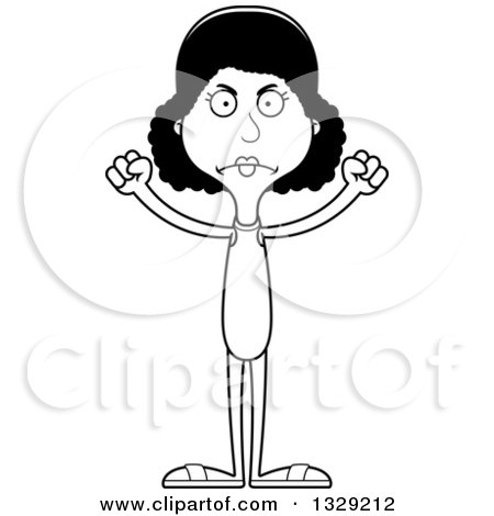 Lineart Clipart of a Cartoon Black and White Angry Tall Skinny Black Woman Swimmer - Royalty Free Outline Vector Illustration by Cory Thoman