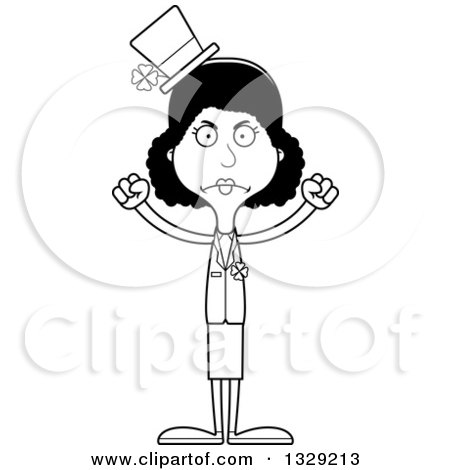 Lineart Clipart of a Cartoon Black and White Angry Tall Skinny Black Irish St Patricks Day Woman - Royalty Free Outline Vector Illustration by Cory Thoman