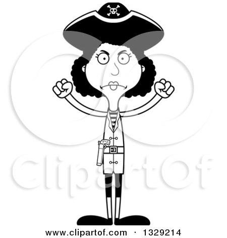 Lineart Clipart of a Cartoon Black and White Angry Tall Skinny Black Woman Pirate - Royalty Free Outline Vector Illustration by Cory Thoman