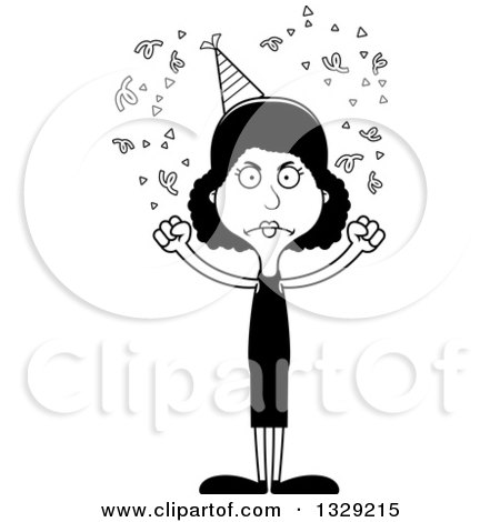 Lineart Clipart of a Cartoon Black and White Angry Tall Skinny Black Party Woman - Royalty Free Outline Vector Illustration by Cory Thoman
