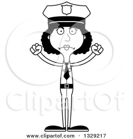 Lineart Clipart of a Cartoon Black and White Angry Tall Skinny Black Woman Police Officer - Royalty Free Outline Vector Illustration by Cory Thoman
