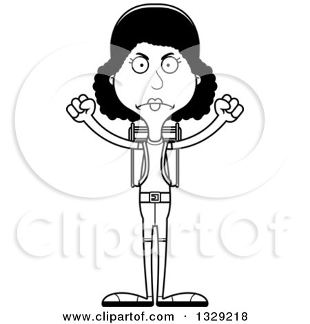 Lineart Clipart of a Cartoon Black and White Angry Tall Skinny Black Woman Hiker - Royalty Free Outline Vector Illustration by Cory Thoman