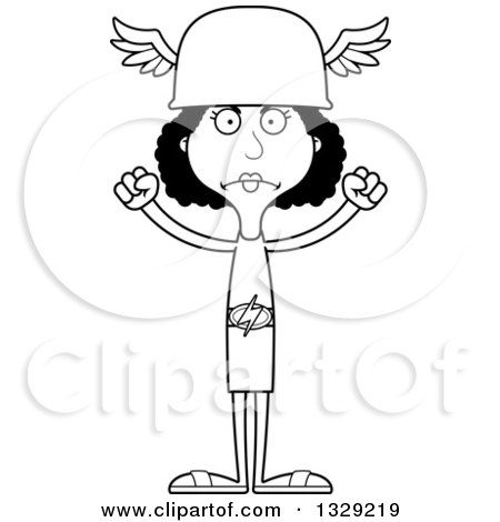 Lineart Clipart of a Cartoon Black and White Angry Tall Skinny Black Hermes Woman - Royalty Free Outline Vector Illustration by Cory Thoman