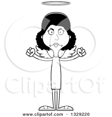 Lineart Clipart of a Cartoon Black and White Angry Tall Skinny Black Woman Angel - Royalty Free Outline Vector Illustration by Cory Thoman