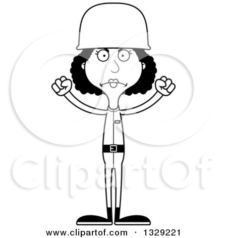 Lineart Clipart of a Cartoon Black and White Angry Tall Skinny Black Woman Army Soldier - Royalty Free Outline Vector Illustration by Cory Thoman