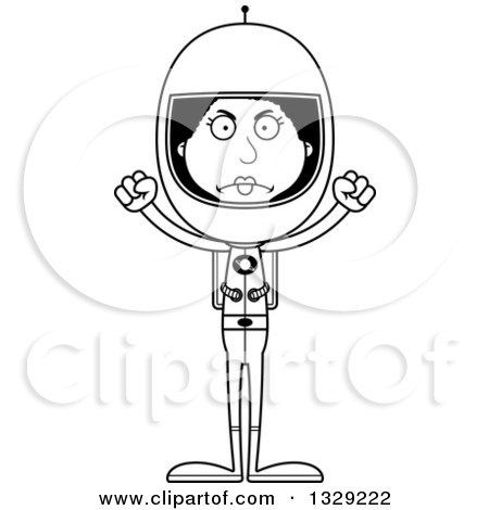 Lineart Clipart of a Cartoon Black and White Angry Tall Skinny Black Woman Astronaut - Royalty Free Outline Vector Illustration by Cory Thoman
