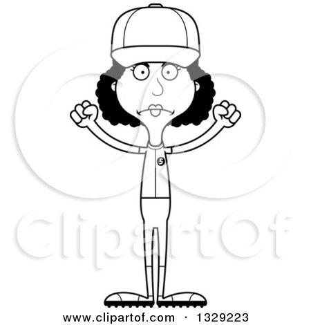 Lineart Clipart of a Cartoon Black and White Angry Tall Skinny Black Woman Baseball Player - Royalty Free Outline Vector Illustration by Cory Thoman