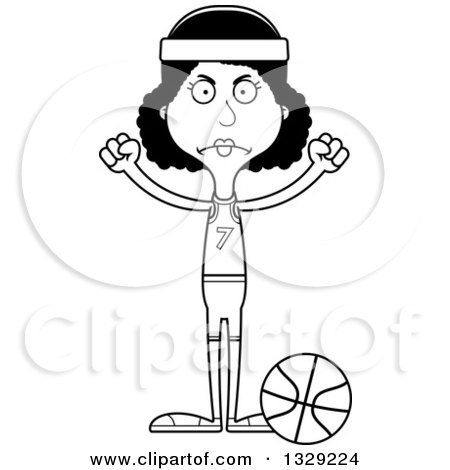 Lineart Clipart of a Cartoon Black and White Angry Tall Skinny Black Woman Basketball Player - Royalty Free Outline Vector Illustration by Cory Thoman