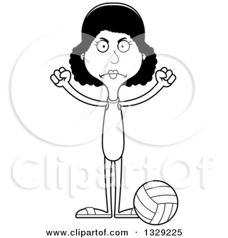 Lineart Clipart of a Cartoon Black and White Angry Tall Skinny Black Woman Beach Volleyball Player - Royalty Free Outline Vector Illustration by Cory Thoman