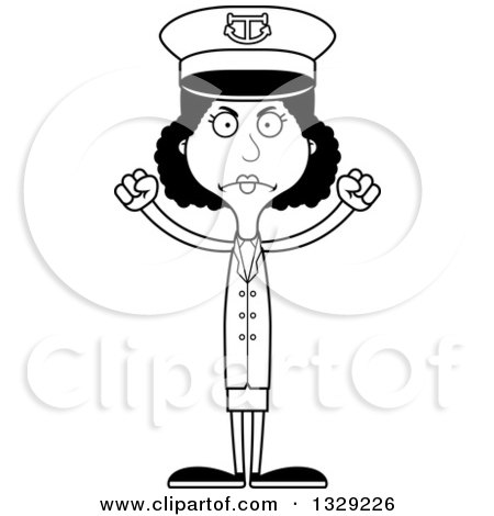 Lineart Clipart of a Cartoon Black and White Angry Tall Skinny Black Woman Boat Captain - Royalty Free Outline Vector Illustration by Cory Thoman