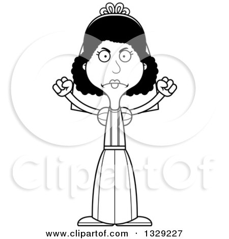 Lineart Clipart of a Cartoon Black and White Angry Tall Skinny Black Woman Bride - Royalty Free Outline Vector Illustration by Cory Thoman
