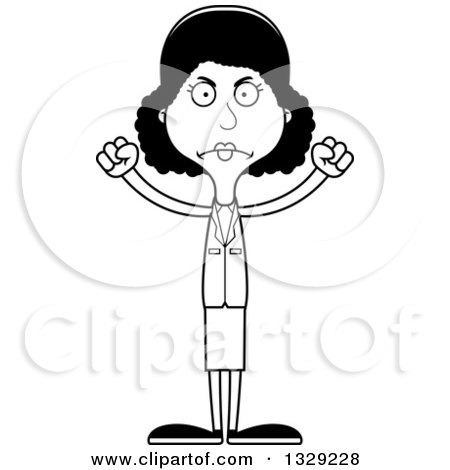 Lineart Clipart of a Cartoon Black and White Angry Tall Skinny Black Business Woman - Royalty Free Outline Vector Illustration by Cory Thoman