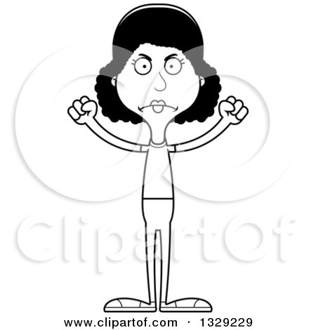Lineart Clipart of a Cartoon Black and White Angry Tall Skinny Black Casual Woman - Royalty Free Outline Vector Illustration by Cory Thoman