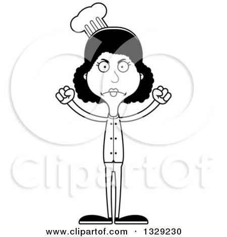 Lineart Clipart of a Cartoon Black and White Angry Tall Skinny Black Woman Chef - Royalty Free Outline Vector Illustration by Cory Thoman
