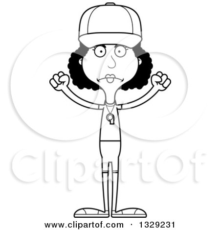 Lineart Clipart of a Cartoon Black and White Angry Tall Skinny Black Woman Sports Coach - Royalty Free Outline Vector Illustration by Cory Thoman