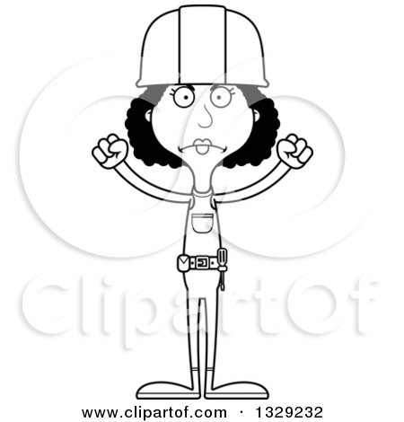 Lineart Clipart of a Cartoon Black and White Angry Tall Skinny Black Woman Construction Worker - Royalty Free Outline Vector Illustration by Cory Thoman